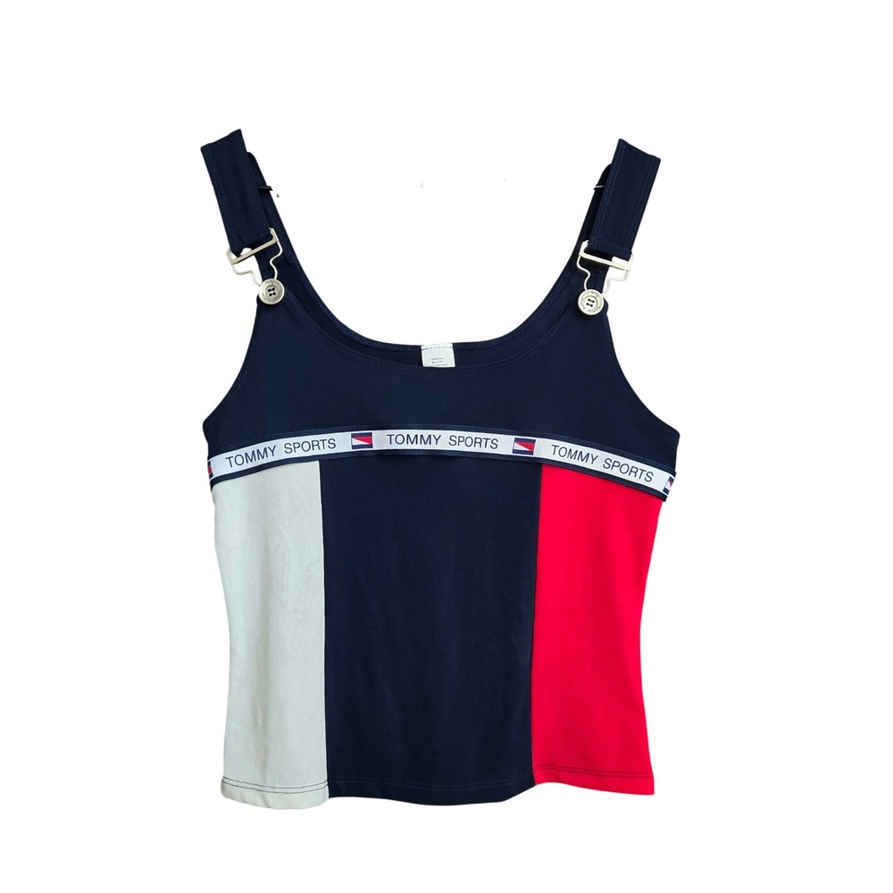 Vintage Colorblock Tank Top Navy Red White Overall Straps Large Sporty Retro